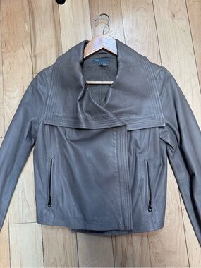 Vince Grey Taupe Leather Drape-Collar Jacket